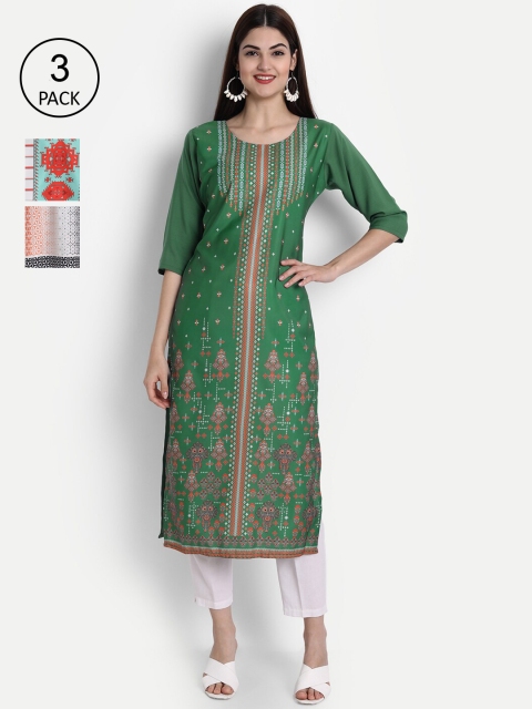 

7Threads Women Green & White Geometric Printed Crepe Kurta