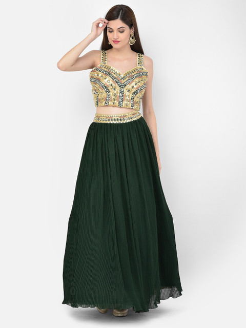 

Neerus Green & Gold-Toned Embellished Mirror Work Ready to Wear Lehenga & Blouse With Dupatta