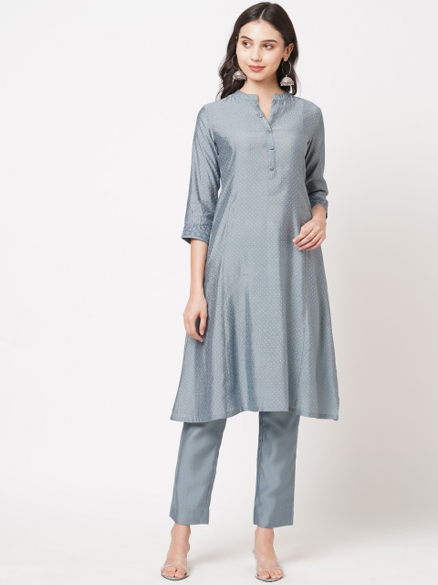 

KAMI KUBI Women Blue Printed Panelled Thread Work Silk Blend Kurta with Trousers