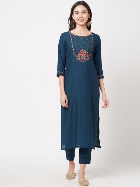 

KAMI KUBI Women Blue Yoke Embroidered Regular Silk Blend Kurta with Trousers