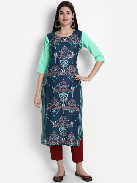 

7Threads Women Blue Ethnic Motifs Printed Thread Work Crepe Kurta