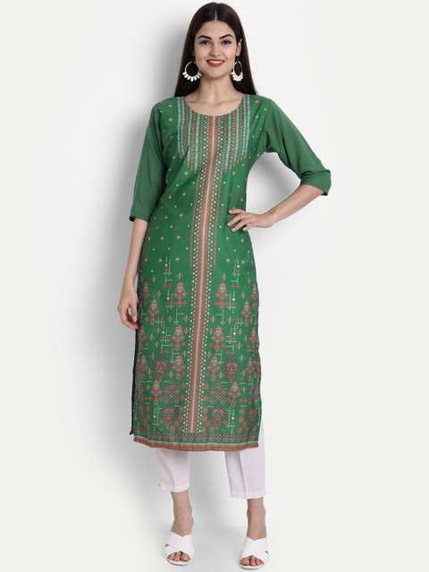 

7Threads Women Green & Pink Ethnic Motifs Printed Crepe Kurta