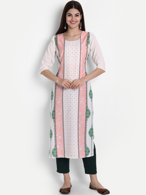 

7Threads Women White & Pink Ethnic Motifs Printed Crepe Kurta