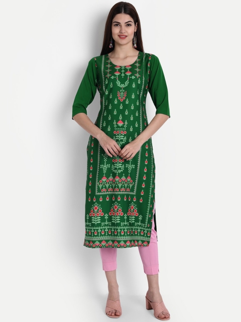 

7Threads Women Green & Pink Ethnic Motifs Printed Crepe Kurta