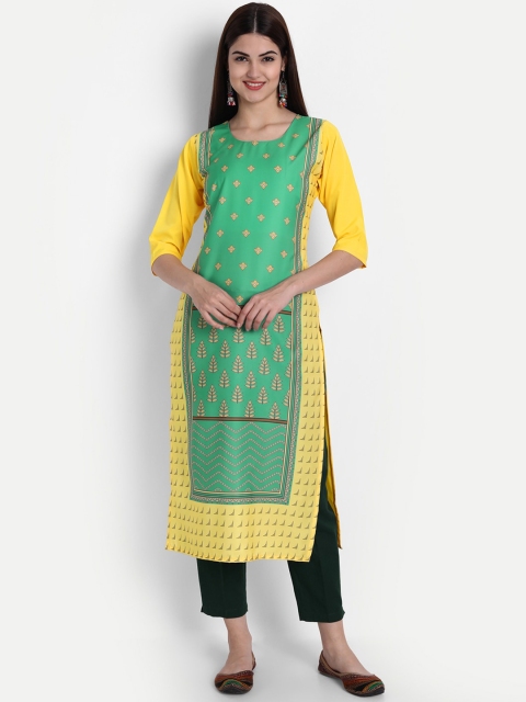 

7Threads Women Yellow & Green Ethnic Motifs Printed Crepe Kurta