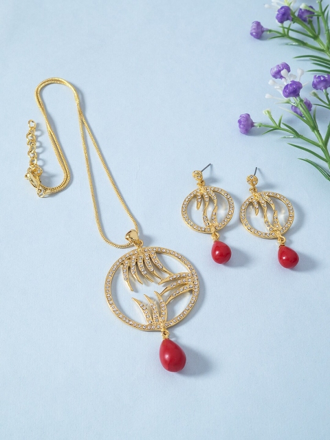 

Golden Peacock Gold-Toned & White Stone-Studded & Beaded Jewellery Set