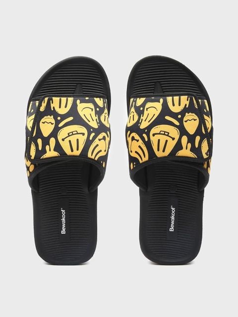 

Bewakoof Men Black & Mustard Printed Rubber Sliders