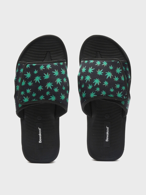 

Bewakoof Men Black & Turquoise Blue Printed Rubber Sliders