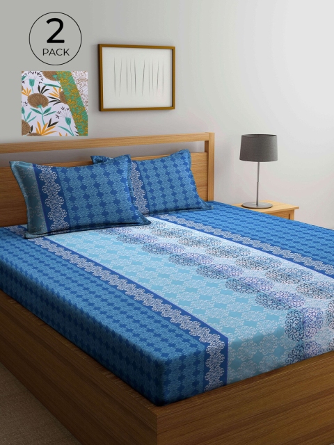 

KLOTTHE Blue & Green 210 TC 2 Pure Cotton King Bedsheet with 4 Pillow Covers
