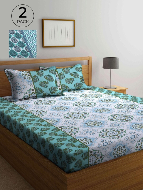 

KLOTTHE Green & Blue Ethnic Motifs 210 TC Pure Cotton 2 King Bedsheet with 4 Pillow Covers
