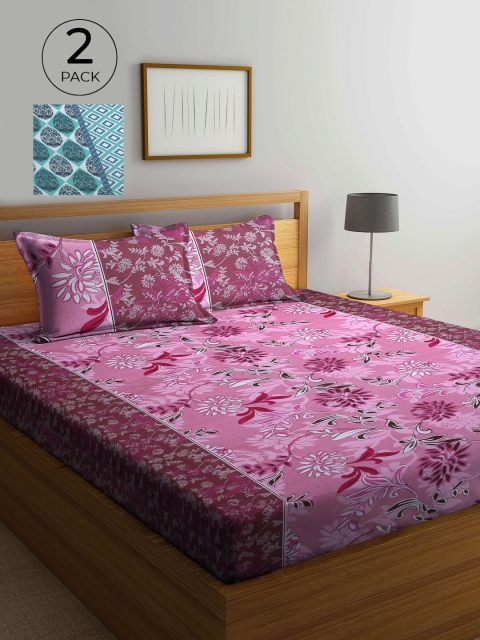 

KLOTTHE Magenta & Blue Floral 210 TC 2 Pure Cotton King Bedsheet with 4 Pillow Covers