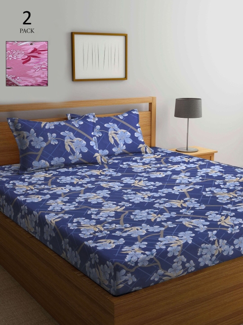 

KLOTTHE Blue & Pink Floral 210 TC 2 Pure Cotton King Bedsheet with 4 Pillow Covers