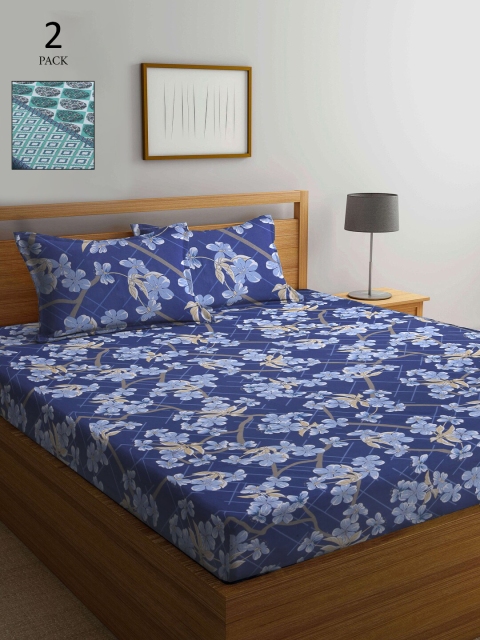 

KLOTTHE Blue & White Floral 210 TC 2 Pure Cotton King Bedsheet with 4 Pillow Covers