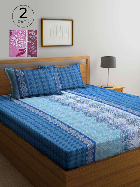 

KLOTTHE Blue & Pink Floral 210 TC Pure Cotton 2 King Bedsheet with 4 Pillow Covers