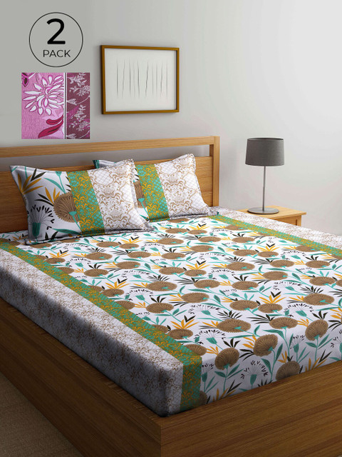 

KLOTTHE Pack Of 2 Printed 210 TC Pure Cotton King Bedsheet with 4 Pillow Covers, Multi
