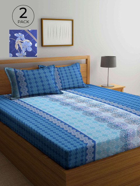 

KLOTTHE Blue Floral 210 TC 2 Pure Cotton King Bedsheet with 4 Pillow Covers