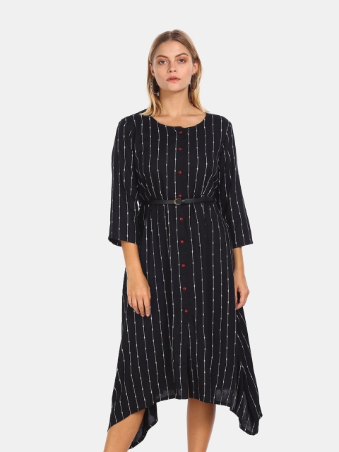 

Karigari Black & White Striped A-Line Midi Dress