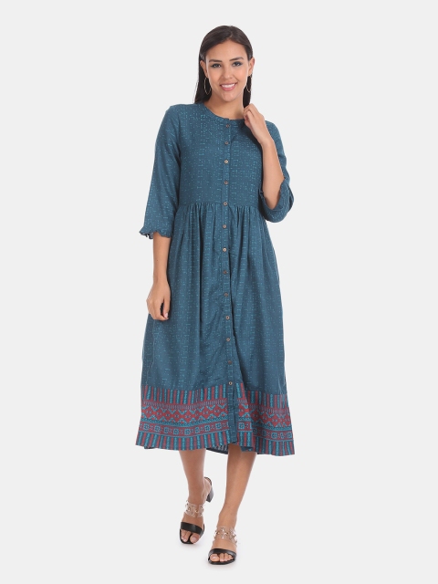 

Karigari Teal Blue Ethnic A-Line Midi Dress