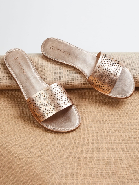 

Melange by Lifestyle Women Beige & Gold-Toned Embellished Open Toe Flats with Laser Cuts