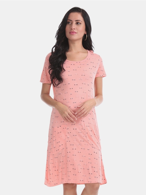 

Sugr Peach-Coloured Printed T-shirt Midi Dress