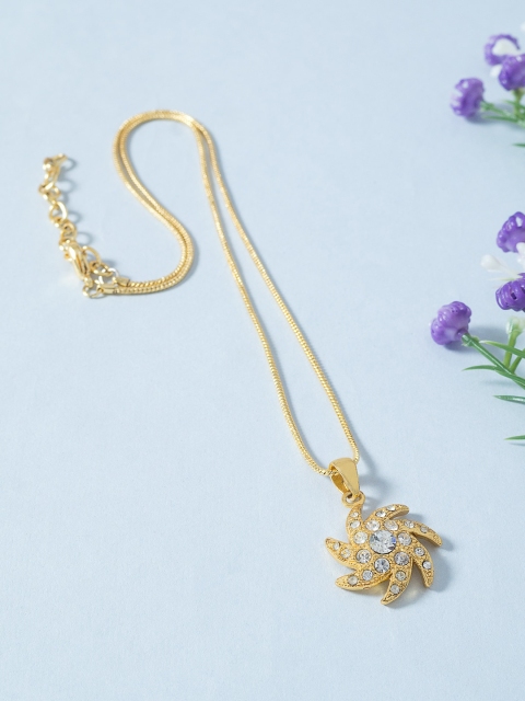 

Golden Peacock Gold-Toned & White Stone-Studded Contemporary Pendant With Chain