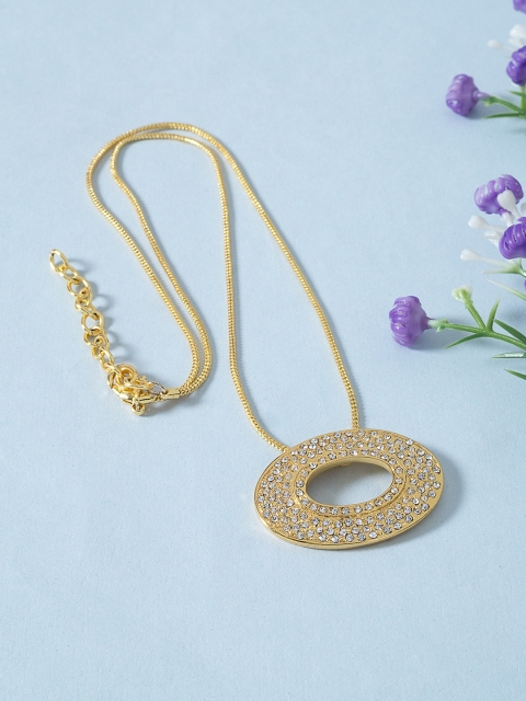 

Golden Peacock Gold-Toned & White Stone-Studded Oval Shaped Pendant With Chain