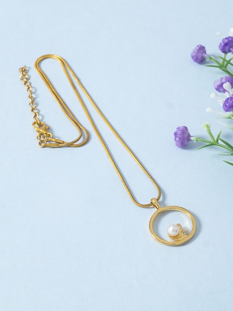 

Golden Peacock Gold-Toned & White Stone-Studded Circular Shaped Pendant With Chain