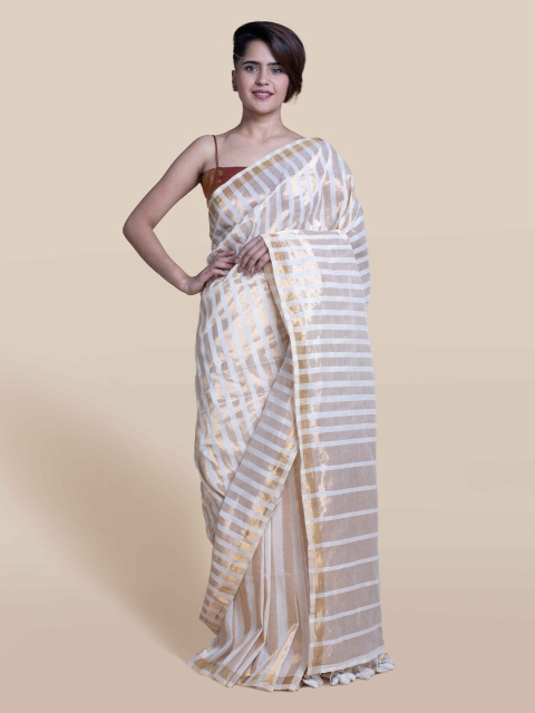 

Suta White & Gold-Toned Striped Zari Linen Blend Saree