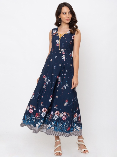 

Iti Navy Blue Floral Tie-Up Neck Crepe Maxi Dress