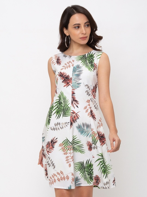 

Iti Off White & Green Tropical Crepe A-Line Dress