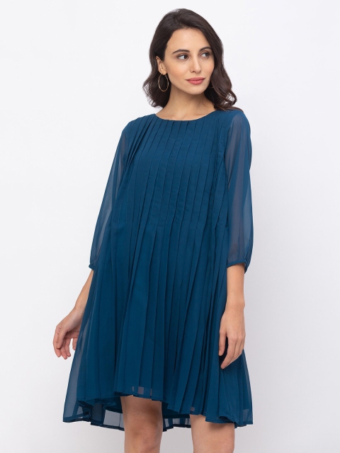 

Iti Teal Blue Accordion Pleated A-Line Dress