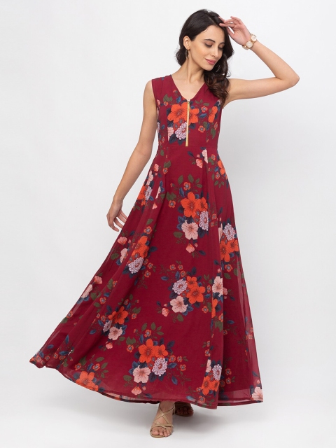 

Iti Maroon & Multicoloured Floral Georgette Maxi Dress