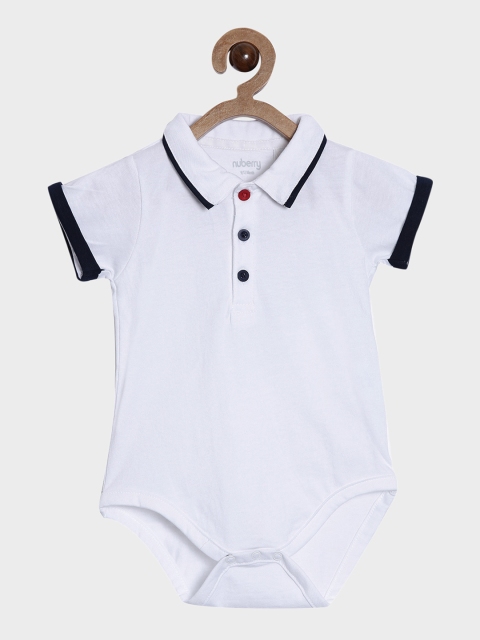 

Nuberry Infant Kids White & Navy Blue Solid Pure Cotton Bodysuit