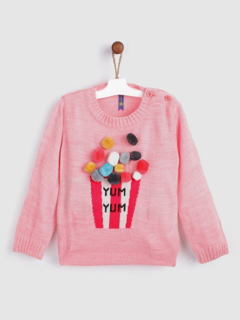 

YK Girls Pink & Red Acrylic Typography Wwoven Design Pullover with Pom Pom