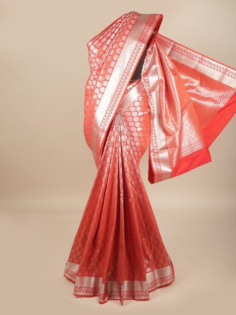 

Pothys Orange & Silver-Toned Woven Design Zari Pure Silk Saree