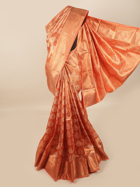 

Pothys Peach-Coloured & Gold-Toned Woven Design Pure Silk Saree