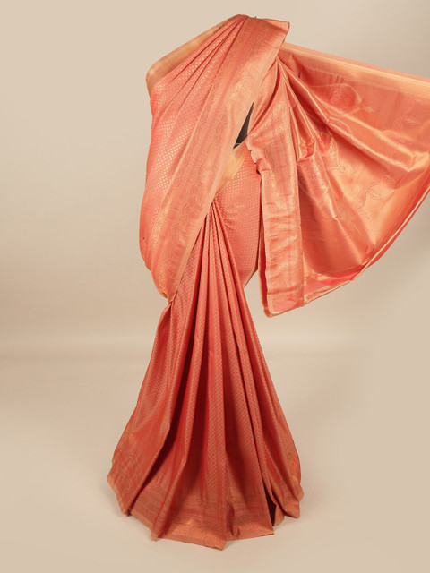 

Pothys Peach-Coloured & Gold-Toned Floral Zari Pure Silk Saree