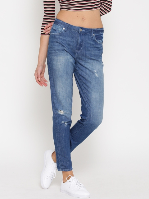 

FOREVER 21 Women Blue Mid-Rise Low Distress Ankle-Length Jeans