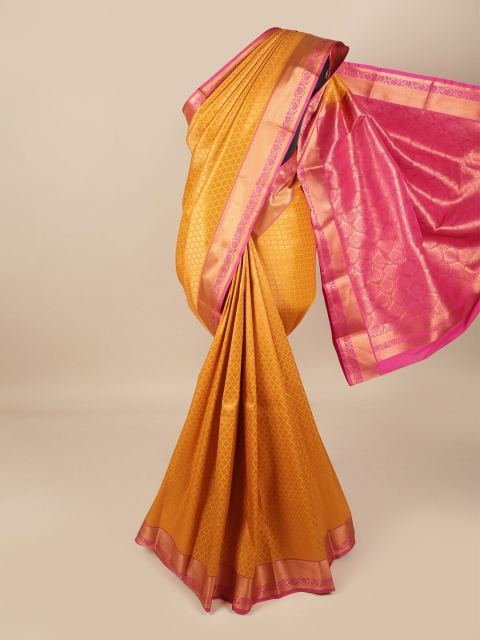 

Pothys Mustard & Pink Ethnic Motifs Zari Pure Silk Saree