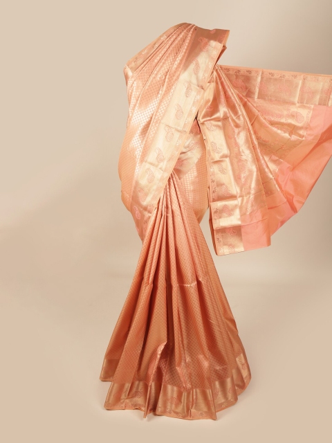 

Pothys Peach-Coloured & Gold-Toned Woven Design Pure Silk Saree