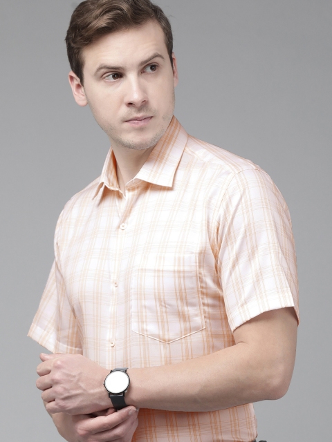 

Van Heusen Men White & Orange Custom Fit Tartan Checked Pure Cotton Formal Shirt