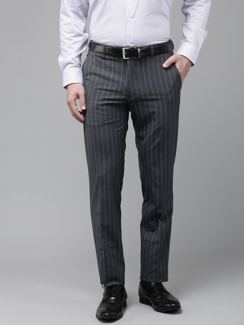 

Van Heusen Men Charcoal Grey & White Striped Slim Fit Low-Rise Formal Trousers