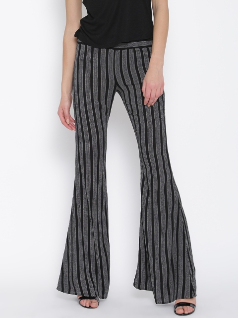 

FOREVER 21 Women Black Striped Flat-Front Trousers