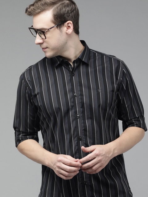 

V Dot Men Black And Grey Slim Fit Striped Casual Shirt