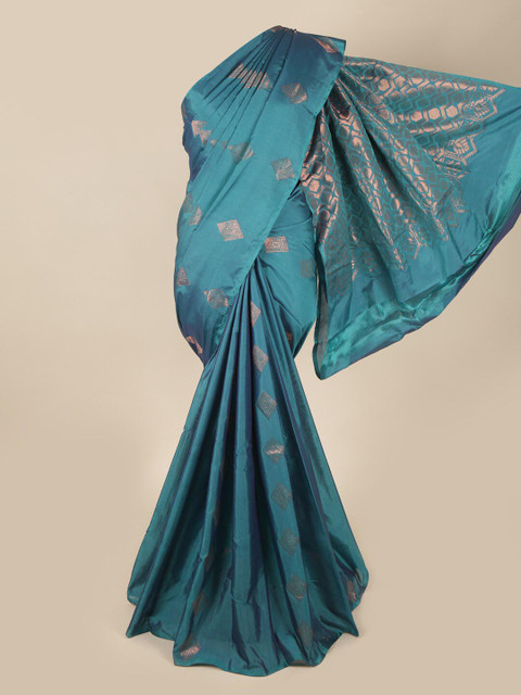 

Pothys Teal & Gold-Toned Woven Design Soft Silk Saree
