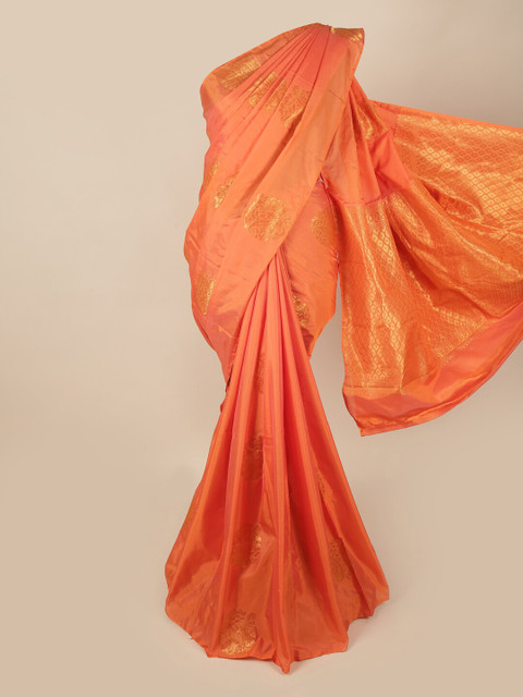 

Pothys Peach-Coloured & Gold-Toned Woven Design Soft Silk Saree