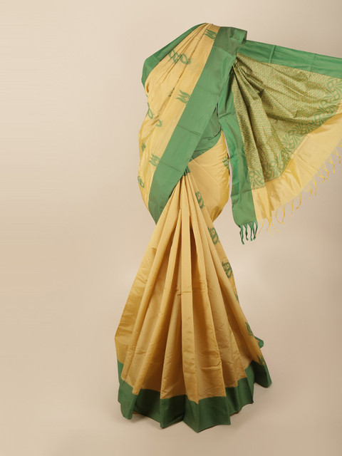 

Pothys Cream-Coloured & Green Floral Silk Cotton Saree