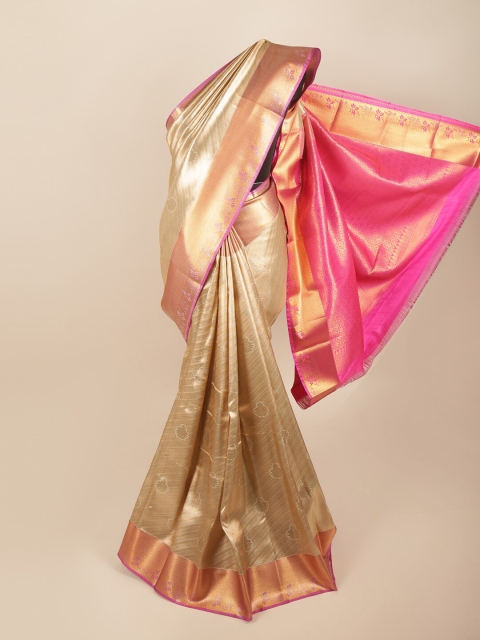 

Pothys Gold-Toned & Pink Floral Art Silk Saree