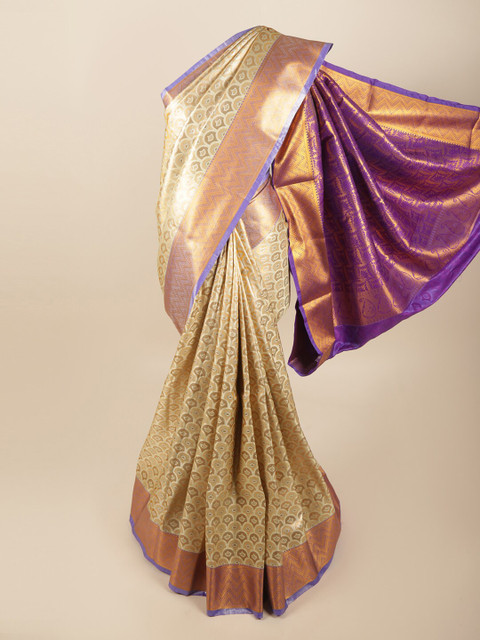 

Pothys Cream-Coloured & Blue Ethnic Motifs Zari Art Silk Saree