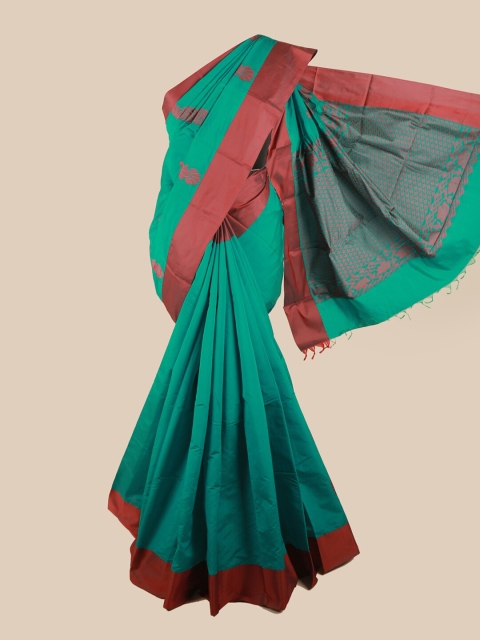 

Pothys Green & Coral Red Floral Silk Cotton Saree